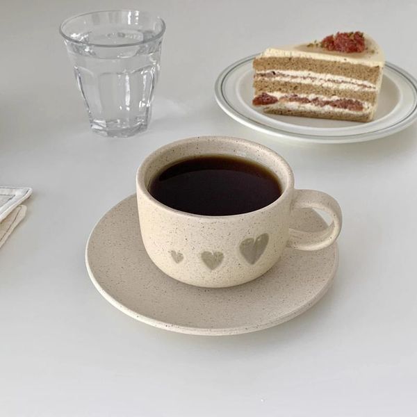 Tasses et soucoupes en céramique japonaise, tasse à café et assiette d'amour, thé de l'après-midi, points de glaçage au sésame mat, ensemble de plats de petit déjeuner à la maison