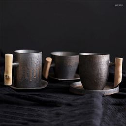 Tasses soucoupes tasse à thé de Style céramique japonaise tasse à eau Vintage rétro lait avec manche en bois appareil à boisson