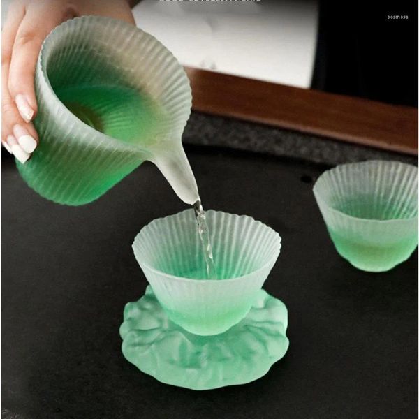Tasses et soucoupes pour la maison japonaise, niveau d'apparence élevé, tasse à thé en verre givré mat, changement progressif, ensemble vert et rose