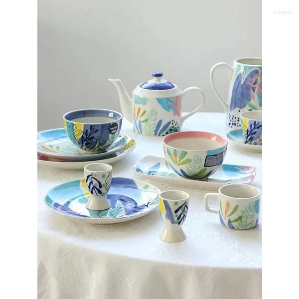 Tasses Soucoupes Série De Style Pastoral Japonais Vaisselle En Céramique Art Dessiné À La Main Tasses À Lait Tasse À Café Soucoupe Théière Bouilloire Plats De Dîner