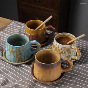 Tasses soucoupes poterie Vintage japonaise avec et cuillères créative à la main café tasse à thé ensemble vaisselle cadeau Unique pour les amis