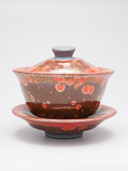 Tasses soucoupes Jianzhan Sancai haut de gamme couvercle bol grande capacité goutte d'huile fer pneu Tianmu service à thé en céramique mâle