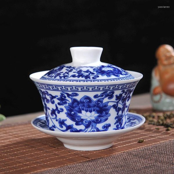 Tazas, platillos Jingdezhen, juego de té de porcelana azul y blanca, sopera de cerámica, taza de té, juego de café Gaiwan