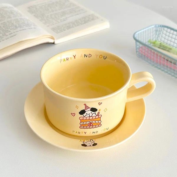 Tasses Saucers kawaii créative coréen céramique tasse de chien mignon dessin animé paille petit déjeuner lait café tasse d'après-midi.