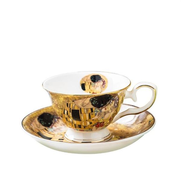 Tazas y platillos Klimt, diseño clásico de beso, taza de café y platillo de té, juego de porcelana de hueso de cerámica 284O