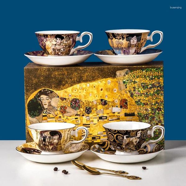 Tasses Saucers klimt ensemble de 2 pièces Bone China Custom Tea Tea tasse et soucoupe avec boîte-cadeau