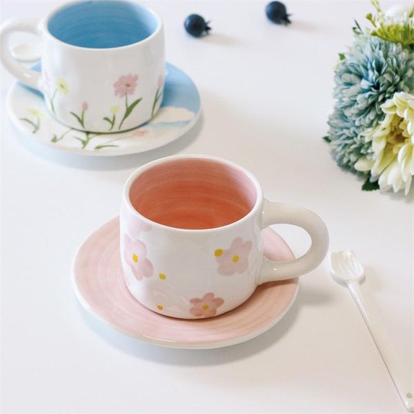 Tasses et soucoupes en céramique coréenne, tasse et soucoupe en forme de cœur pour fille, fleur de cerisier, fait à la main, romantique, service à thé et café, cadeau de Couple