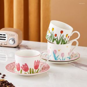 Tasses soucoupes coréen frais rose jaune violet tulipe en céramique café et bureau à domicile fête vacances vaisselle belle tasse à thé ensemble