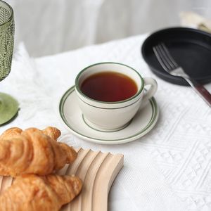 Tasses soucoupes ligne verte coréenne tasse à café nordique en céramique avec soucoupe pour latte cappuccino moka porcelaine thé lait petit déjeuner cadeau