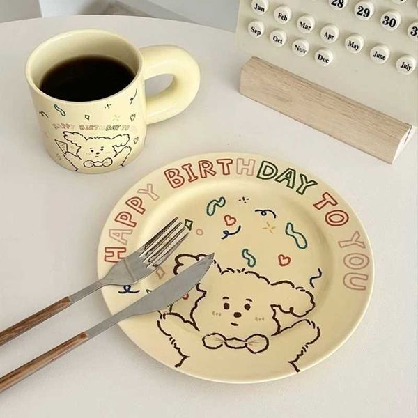 Tazas platillos coreano insp taza de cerámica kawaii tazas de café y platillos de café lindos platos para perros de animales