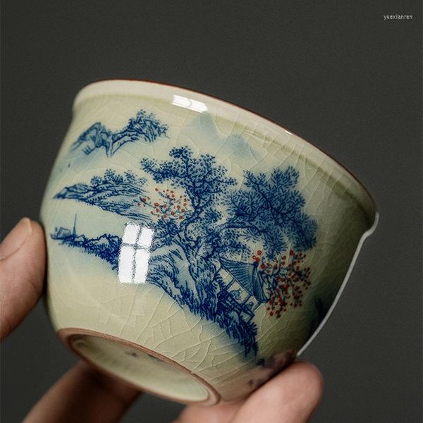 Tasses soucoupes paysage poterie chinoise ouverture en céramique ensemble de tasses à thé bleu et blanc bol de thé pour la tasse de thé de cérémonie