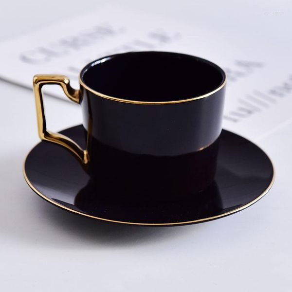 Tazas y platillos, juego de té de porcelana pigmentada, Taza de café de cerámica de mármol mate negro de lujo y platillo