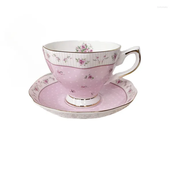 Tazas y platillos de lujo europeos con lunares, rosas rosadas, platillo bronceador, taza de café, taza de té de la tarde, Linda
