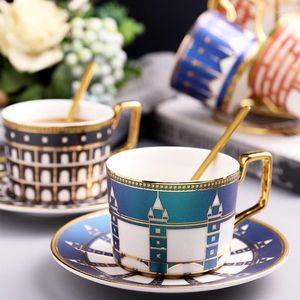 Tasses soucoupes luxe européen tour pont en céramique britannique tasse à café et soucoupe cuillère ensemble maison après-midi thé lait fleur tasse