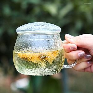 Tazas platillos Malleolar Stria taza de vidrio para estufa resistente a altas temperaturas a prueba de explosiones taza de té filtro leche Rosa flor hogar