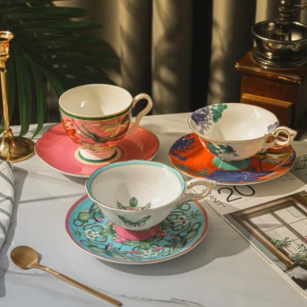 Meijing – tasses et soucoupes de Style britannique en porcelaine, gobelet à thé de l'après-midi, tasse à café, Double soucoupe, ensemble de fleurs européennes