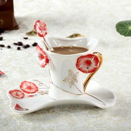 Tasses soucoupes Morning Glory fleur tasses à café avec soucoupe cuillère 3D porcelaine faite à la main petit déjeuner thé bouteille d'eau cadeau de noël