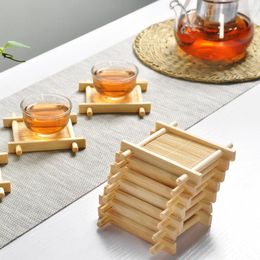 Kopjes Schoteltjes Natuurlijke 6 st Bamboe Houten Dienbladen Voor Thee 7 cm Creatieve Chinese Woord Jing Concave Cup Mat