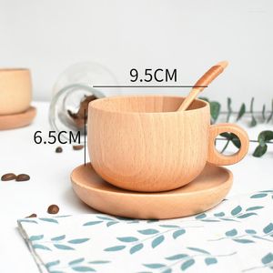 Tasses soucoupes tasse à café naturelle sculptée à la main trois pièces en bois massif thé hêtre avec poignée eau après-midi cadeau de vacances