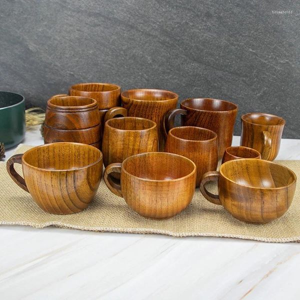 Tazas platillos de madera natural taza de madera hecha a mano retro bebida tazan leche café té de té de té regalos de bebidas