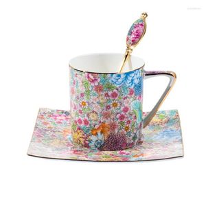 Tasses et soucoupes à fleurs nordiques, Style Pastoral, tasse à thé de l'après-midi, ensemble de luxe léger et soucoupe en céramique anglaise avec cuillère