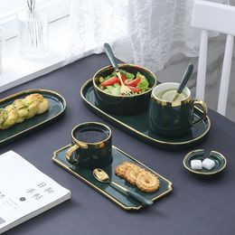 Tasses soucoupes Style nordique incrustation d'or assiette en céramique verte tasse à café tasses bol vaisselle Ins plat de dîner ensemble de vaisselle en porcelaine