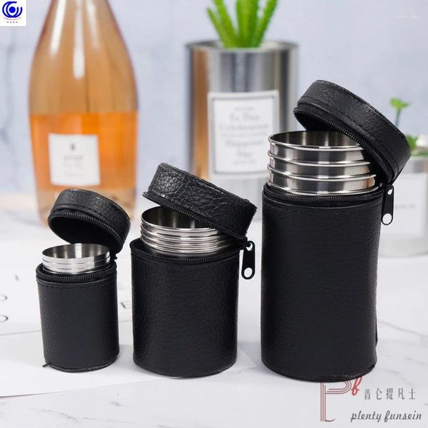 Topes platillos al aire libre plegable viaje portátil 4pcs por bolsa 304 Juego de acero inoxidable bolsos gratis Beer Beer Whisky Té Copa de té