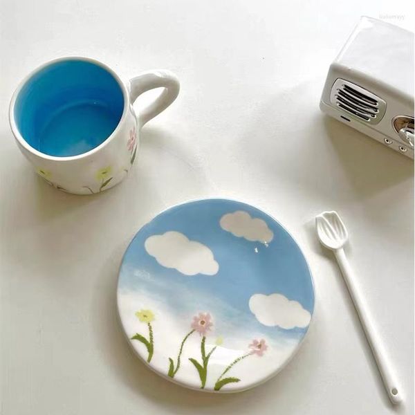 Tasses soucoupes peinture à l'huile de printemps en plein air lait bleu ciel clair pince à main tasse en céramique soucoupe à café assiette de collation de thé de l'après-midi haut de gamme