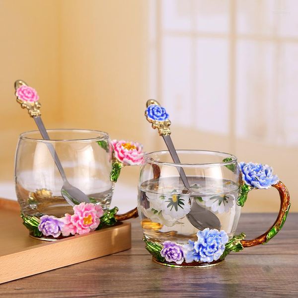 Tasses soucoupes pivoine émail créatif fleur tasse à thé cristal cadeaux ménagers pour les étudiants