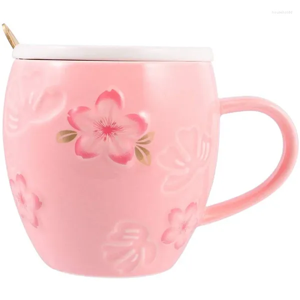 Ensemble de tasses et soucoupes en céramique rose, tasse à thé mignonne, tasse à café, cadeau d'anniversaire avec couvercle, cuillère 400Ml