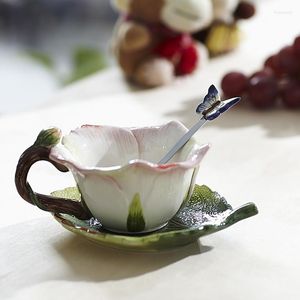 Tazas platillos rosa café con platillo cuchara Hadmade 3D cerámica té leche tazas desayuno botella de agua Navidad amante regalos