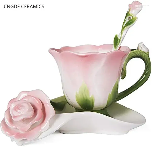 Tazas de tazas de té rosa taza de té y salsa para 1 taza de té de flores de rosa Cerámica de cerámica hecha a mano Día de la madre regalo de Acción de Gracias 7 oz