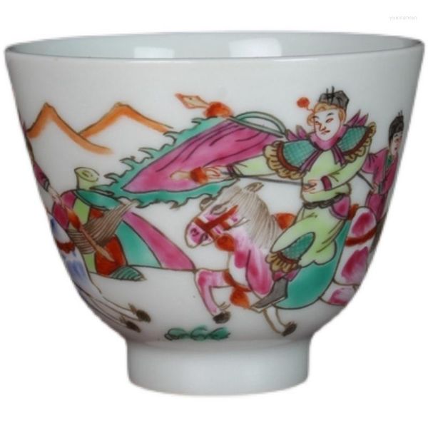 Tazas platillos Qing Tongzhi Pastel cuchillo pintado a mano y figura de caballo taza de té maestro colección de cerámica antigua