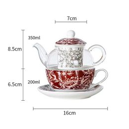 Tasses Saucers Red Flower Design Tea pour un ensemble en verre en verre théière en porcelaine Soucoupe et tasse de café à thé avec boîte à cadeau
