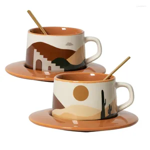 Tasses Saucers paysage tasse de café en céramique et soucoupe ensemble rétro petit-déjeuner bureau de lait maison exquise water cuisine tasse tasse cadeau pixel