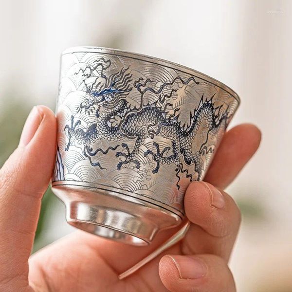 Tazas y platillos chapados en plata, juego de tazas de té de dragón de cerámica china, hermoso tazón de té para ceremonia, flores, taza de té, tienda Deng