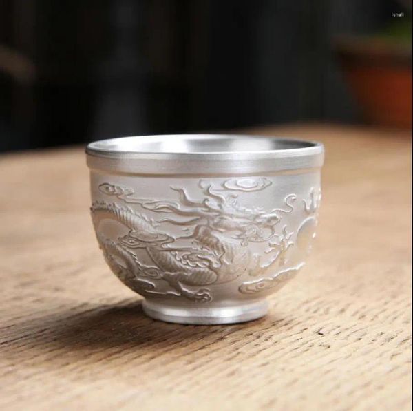 Tasses Saucers Silver Water Cup Luxury Artismain Dragon Phoenix Teacups incrusté de théâtre à la maison E11610
