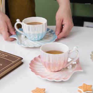 Tasses soucoupes Super belle changeant progressivement perle coquille tasse à café petite céramique de haute qualité et ensemble de vaisselle eau thé Elegan