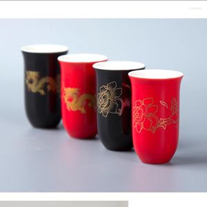 Tazas, platillos, té, 27ml, taza pequeña de cerámica pintada, juego de té, negro, rojo, boda, fiesta, venta al por mayor, artesanías chinas D058