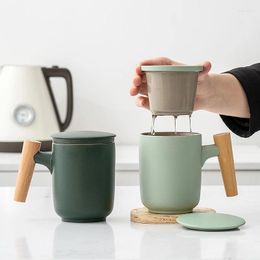 Tasses soucoupes thé eau séparation tasse avec manche en bois en céramique givrée ménage bureau tasse couverture souche personne