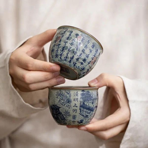 Tasses soucoupes tasse à thé rétro bleu et blanc en céramique tasse principale thé chinois porcelaine ménage Kung Fu personnel unique service à thé cuisine salle à manger
