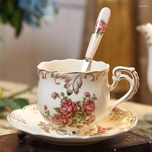 Tasses soucoupes thé tasse et ensemble 250 ML rétro Rose porcelaine café cuillère ustensiles à boire pour les femmes fête