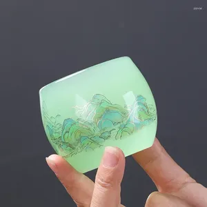 Tasses et soucoupes, méthode ancienne de cuisson du verre, tasse de thé de rivière et de montagne à des milliers de kilomètres, ensemble de Jade frais et magnifiquement sculpté