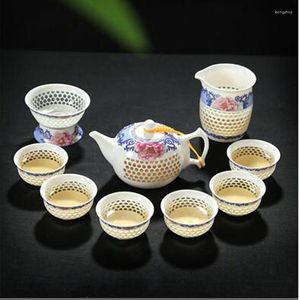 Tazas Platillos Theepot 10 Stks Thee Set Cristal de hielo Panal Tetera Hueso azul y blanco China GaiWan Mar Porcelana