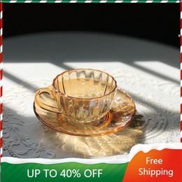 Tasses soucoupes ensemble en verre Transparent tasse à café soucoupe assiettes à Dessert mignon petite bulle thé fleur Vaso Plegable après-midi 50BD