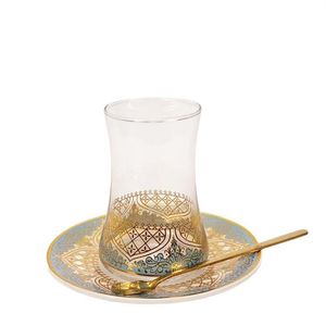 Turkish Tea Glasses Set with Spoon, Blue and Gold Coffee Cup Set, Romantic Exotic Glass Kitchen Decoration Drinking Set