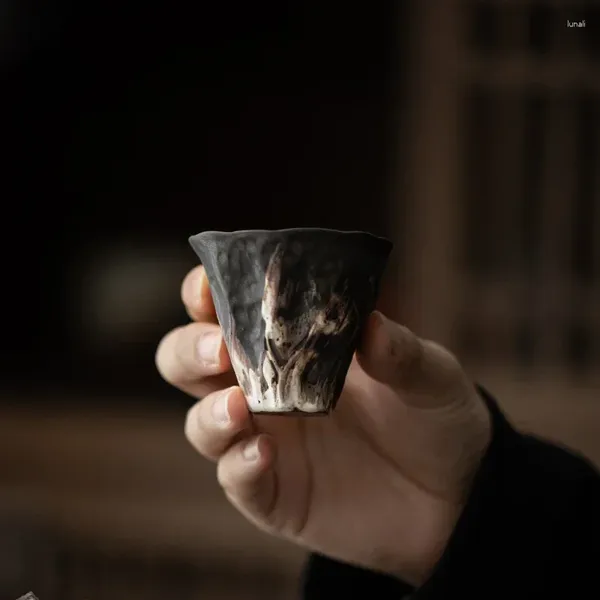 Tazas y platillos Wabi-sabi Quiet Thing, cerámica negra, guía en polvo hecha a mano, taza de té para el hogar, Retro, Zen chino, degustación individual de tamaño pequeño