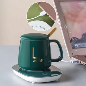 Tasses soucoupes tasse à eau avec base chauffante cuillère 55 degrés Celsius thermostatique support en céramique tasse à café alimentée par USB pour cadeau de bureau à domicile