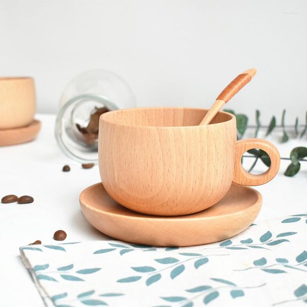 Tazas de tazas de madera desayunar taza de desayuno y platillo de té de té de té de té plato de madera con mango para la oficina en casa