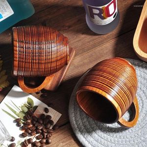 Tasses soucoupes en bois grand ventre tasse tasse avec poignée à la main en bois naturel bière thé café lait eau japonais Drinkware cuisine Bar